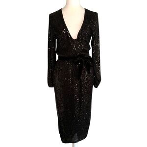 Betsey Johnson Black Sequin V Neck Long Sleeve Velvet Belt Side Leg Slit Dress